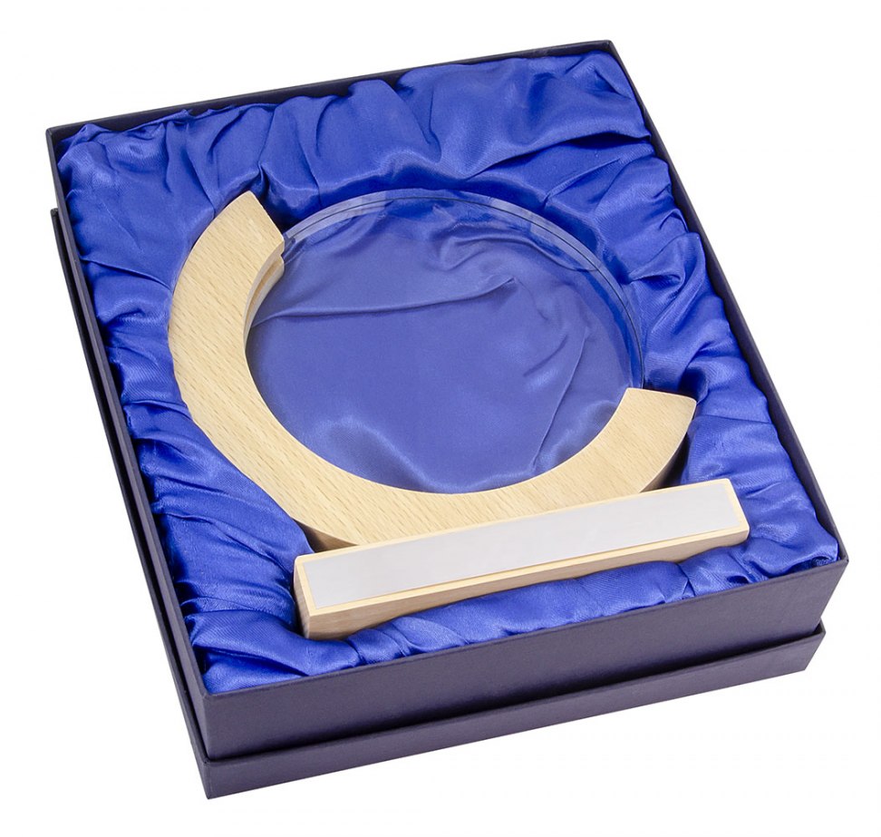 TROFEO VETRO DIAM.150 MM SUPPORTO LEGNO